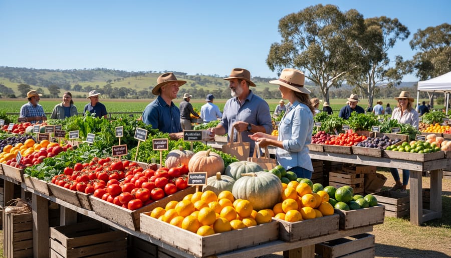 Chef holding wooden crate of fresh colorful heirloom vegetables at local farmers market