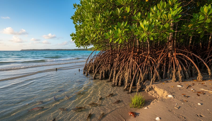 Mangrove forest with exposed root systems in tidal water providing natural coastal protection