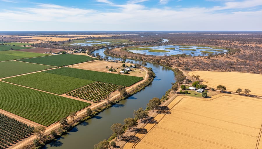 Aerial view of Murray-Darling river system flowing through dry Australian farmland