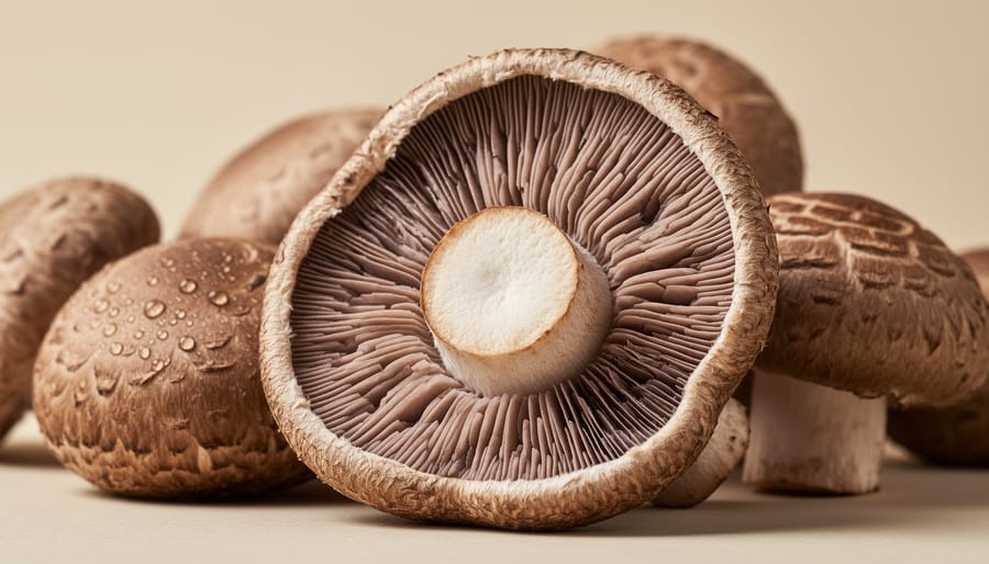 Macro close-up of shiitake mushroom cap showing detailed gill structure
