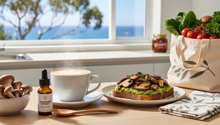 Breakfast table with mushroom coffee and fresh mushrooms on avocado toast