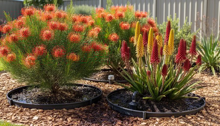 Healthy Australian native garden plants growing around greywater mulch basin irrigation system