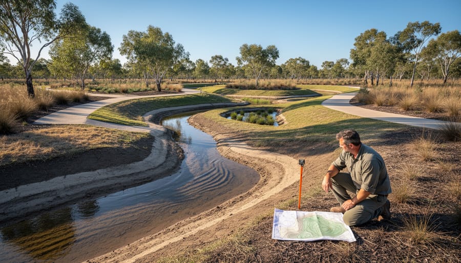 Natural creek flow through native Australian vegetation showing water movement patterns