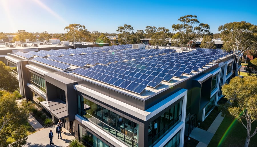 Modern office building rooftop covered with solar panels under bright Australian sky