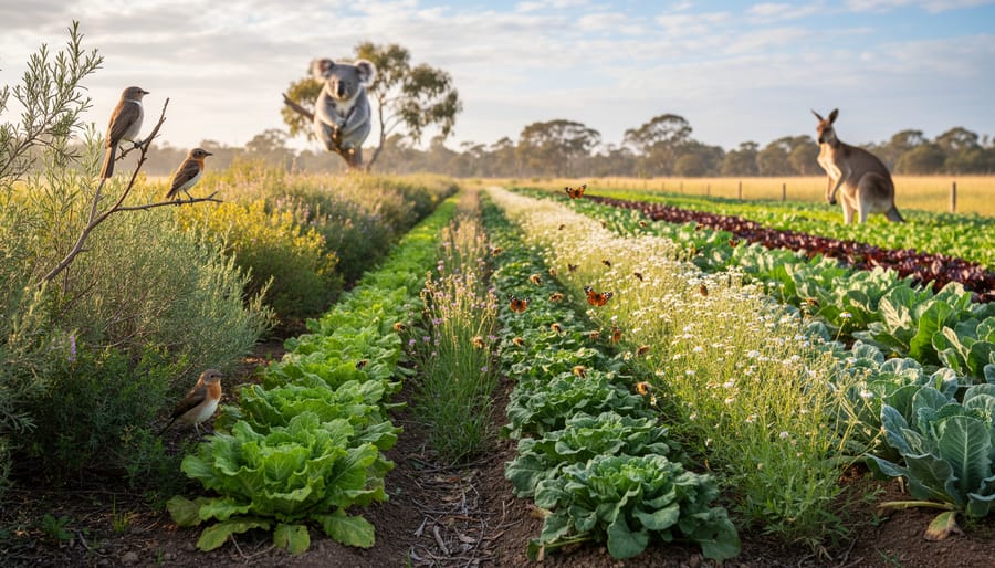 Aerial view of organic farm with crop rows and native vegetation habitat corridor