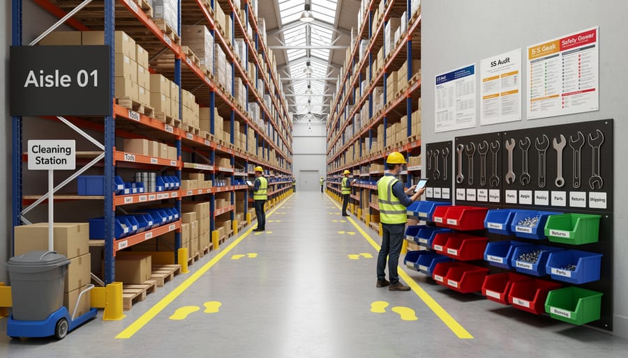 Organized warehouse with labeled pallet racking and clear floor markings