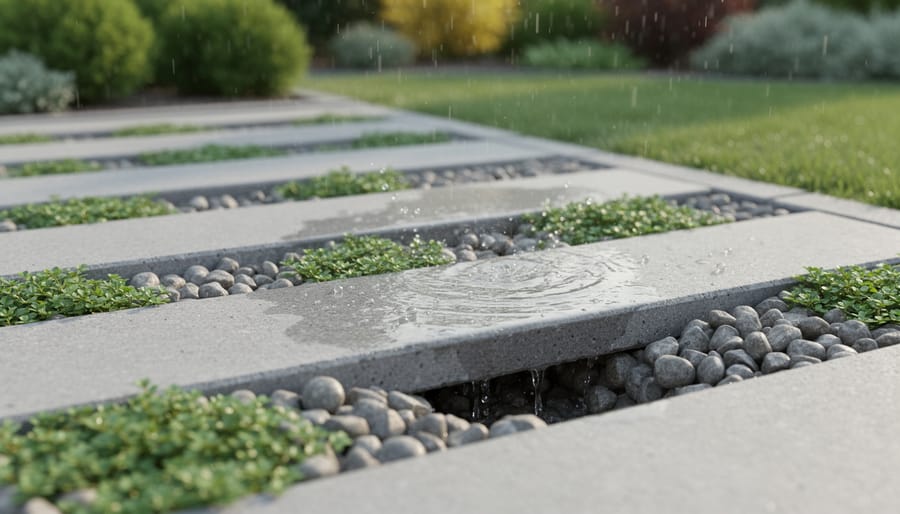 Close-up of permeable concrete pavers showing gaps for water infiltration