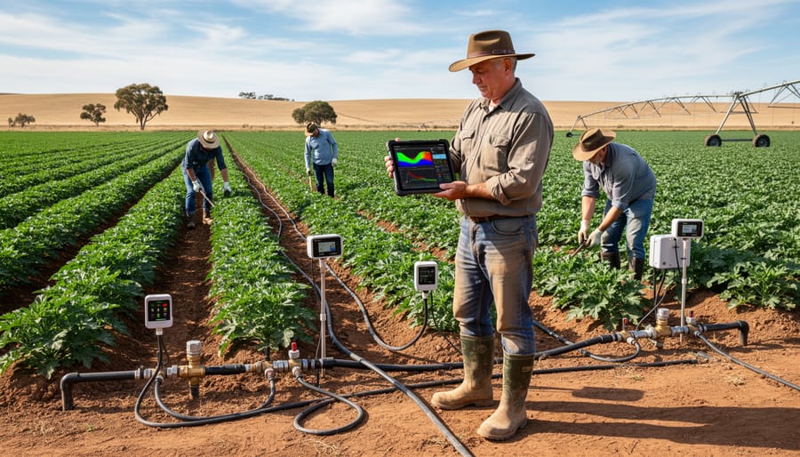 Farmer examining drip irrigation system in cotton field