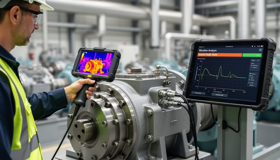 Maintenance technician using thermal imaging camera for gearbox diagnostics