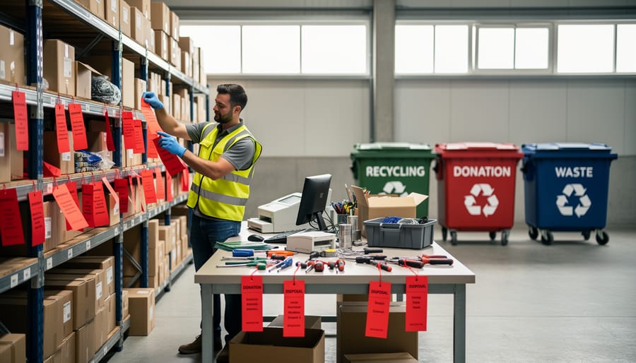 Warehouse worker applying red tags to unused inventory and equipment