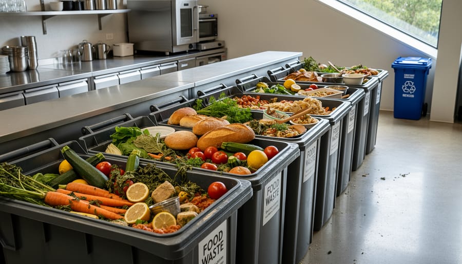 Overhead view of commercial kitchen waste bin filled with vegetable scraps and discarded food