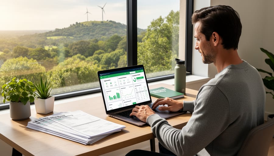 Woman researching ethical investment options on laptop at home office desk