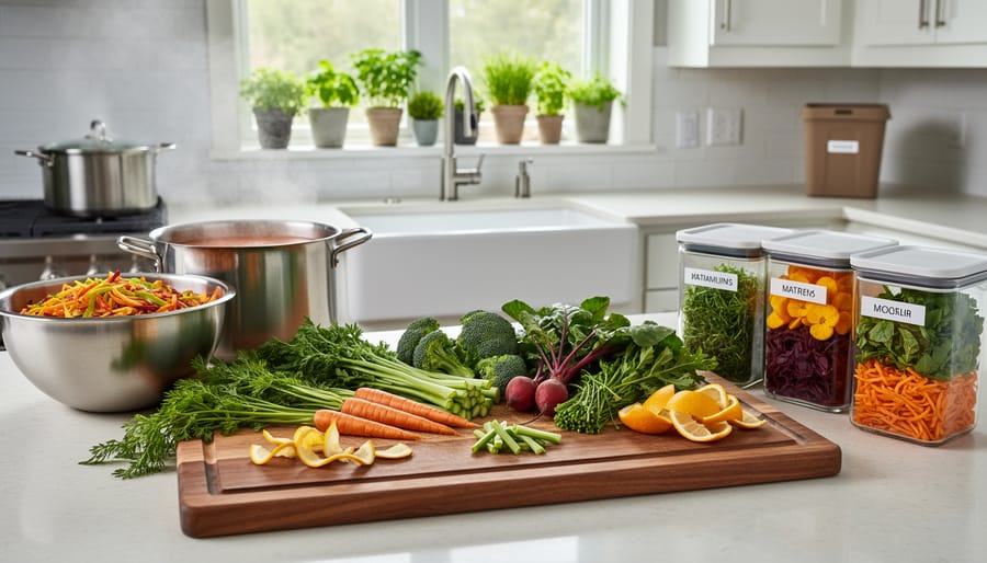 Chef preparing vegetables using root-to-stem cooking technique on wooden cutting board