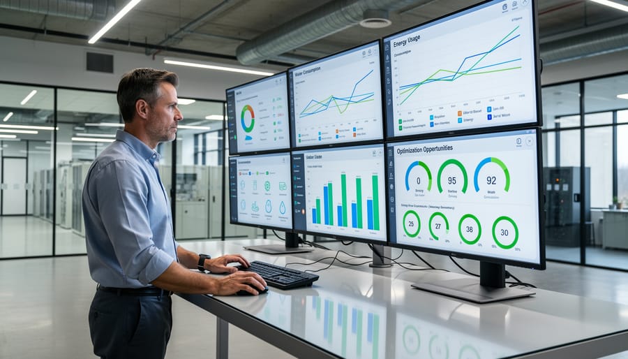 Facility manager using digital monitoring system in aquatic centre equipment room