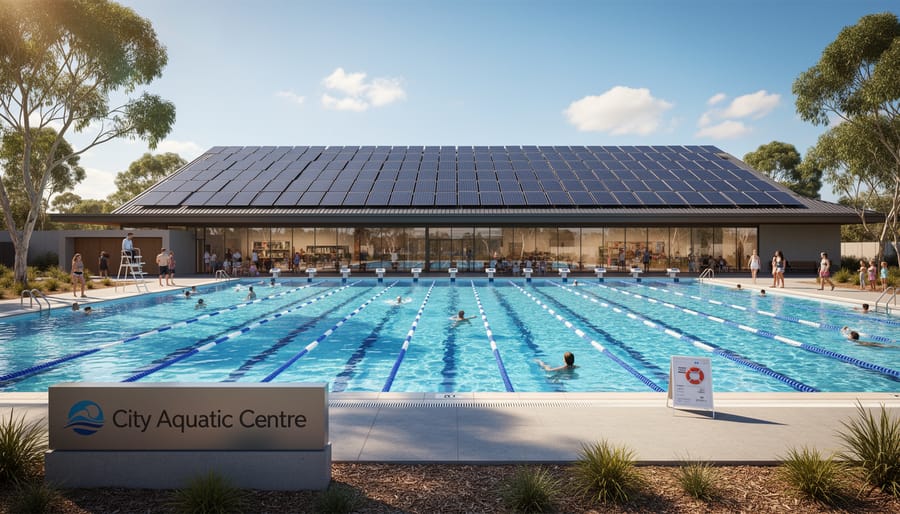 Modern Australian aquatic centre with solar thermal heating panels installed on rooftop