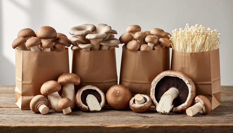 Assortment of fresh shiitake, oyster and button mushrooms on wooden cutting board