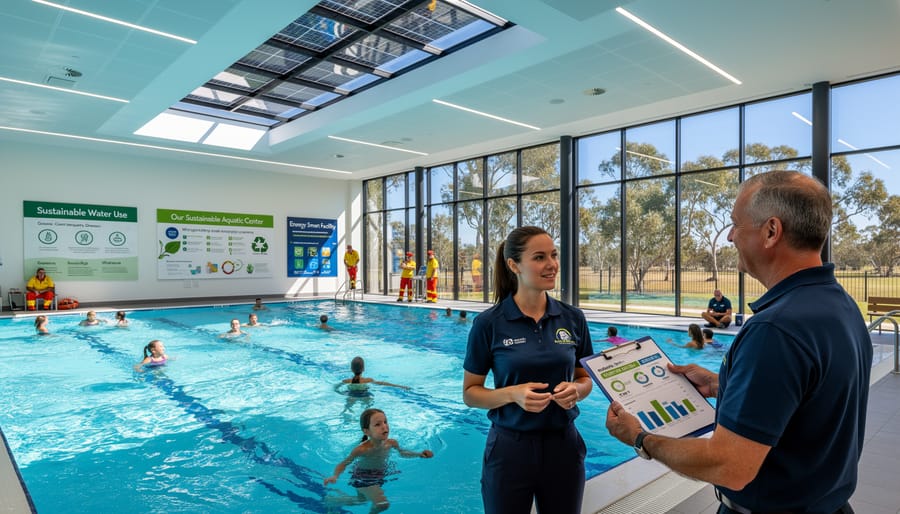 Modern regional Australian aquatic centre with sustainable energy features and outdoor pool