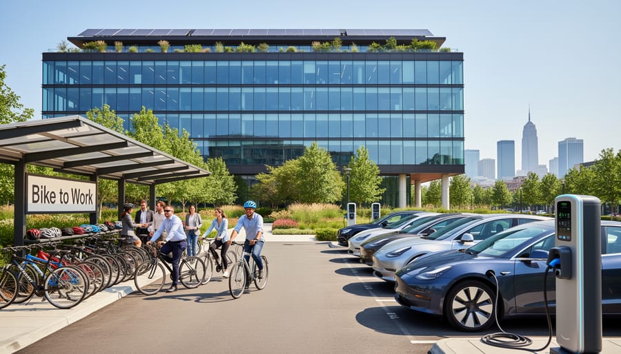 Office workers with bicycles at workplace bike parking area near EV charging stations