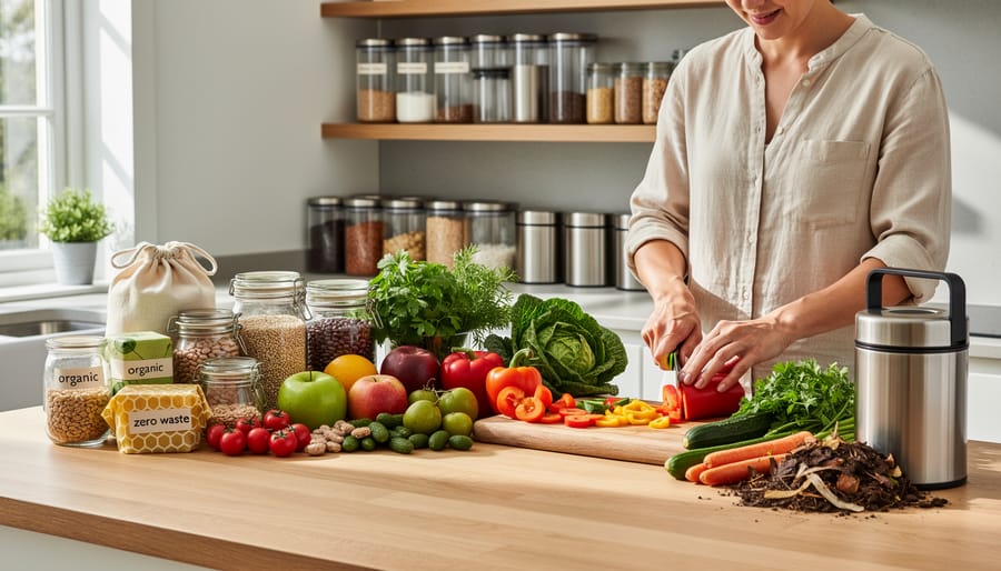 Fresh vegetables in reusable shopping bag on kitchen counter