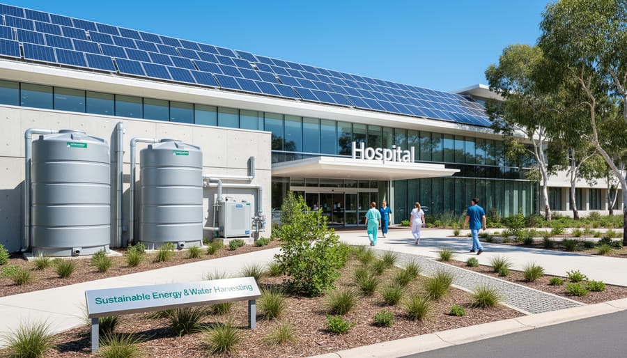 Modern Australian hospital with rooftop rainwater collection and solar panel systems visible from aerial view