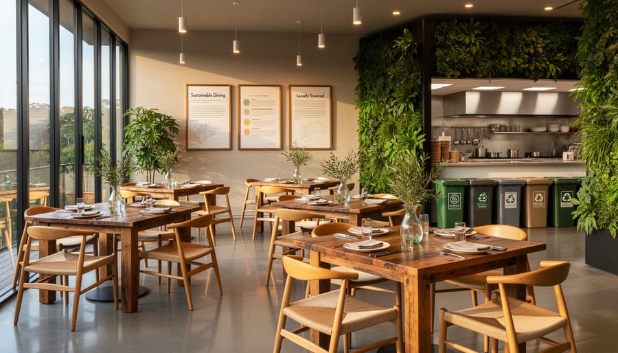 Modern sustainable restaurant interior with natural lighting and reclaimed materials