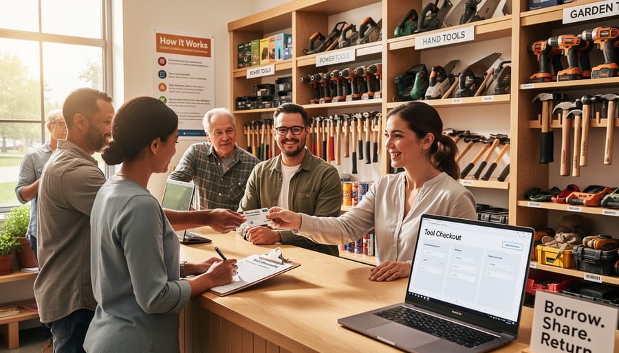 Person completing membership paperwork at community tool library check-out counter