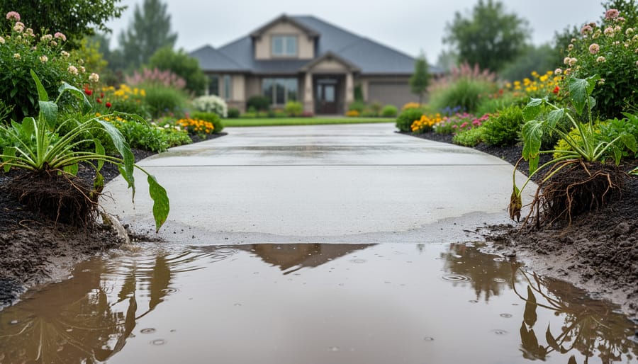 Flooded asphalt driveway with water pooling during rain in Australian suburb