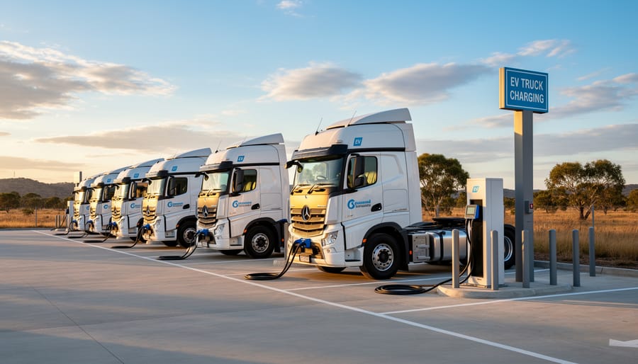 Electric truck charging station with heavy-duty charging cable connected