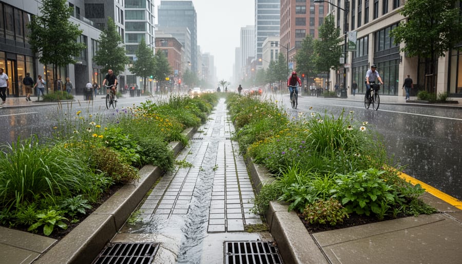 Urban rain garden with native Australian plants managing stormwater in city street setting