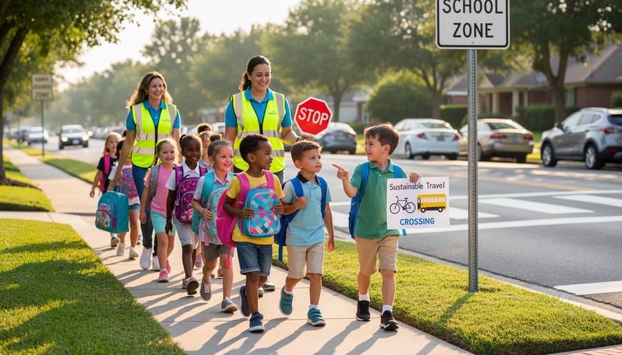 Group of children walking to school together with parent supervisors on suburban footpath