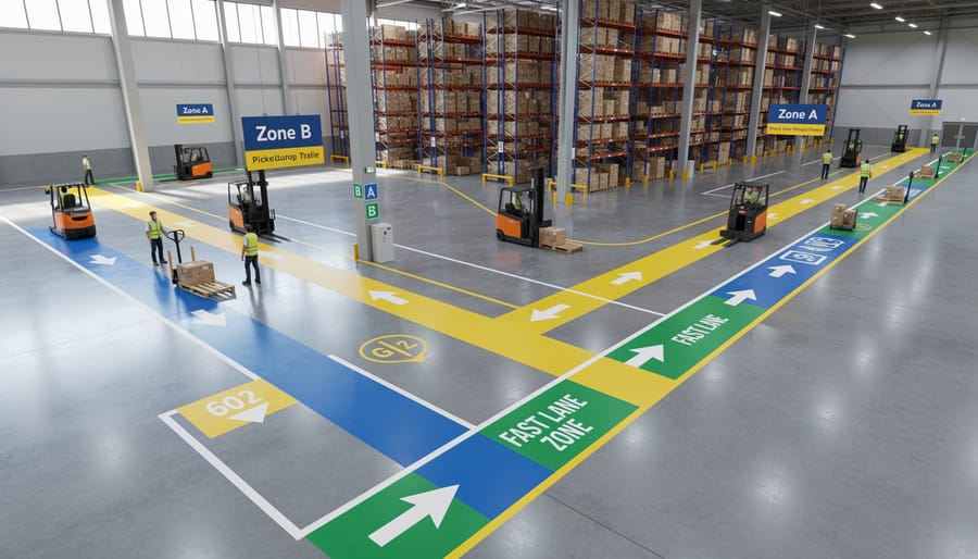 Overhead view of warehouse floor with color-coded zones and optimized traffic flow patterns