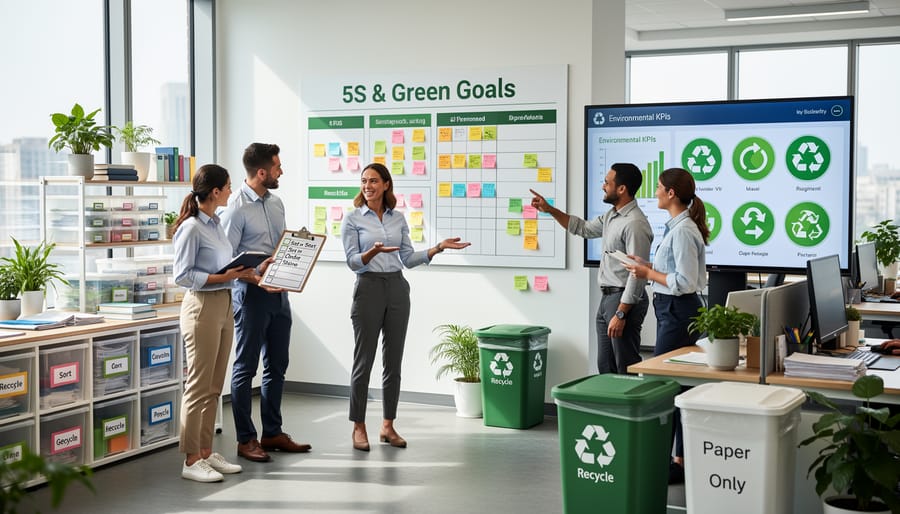 Warehouse team collaborating around waste segregation and recycling station