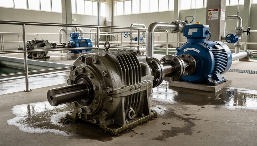 Large industrial gearbox mounted in wastewater treatment plant facility