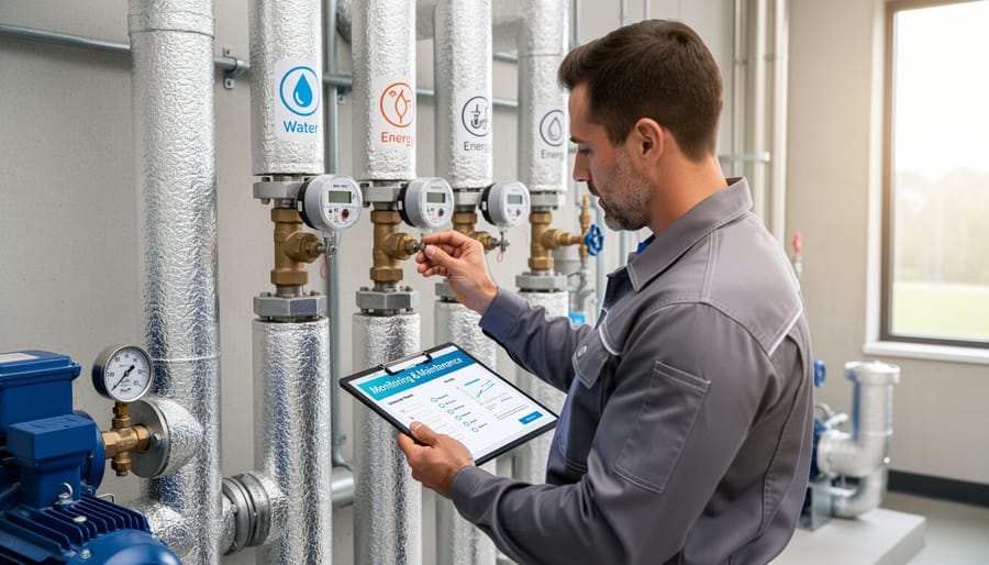 Hospital maintenance worker installing water monitoring equipment on facility pipes