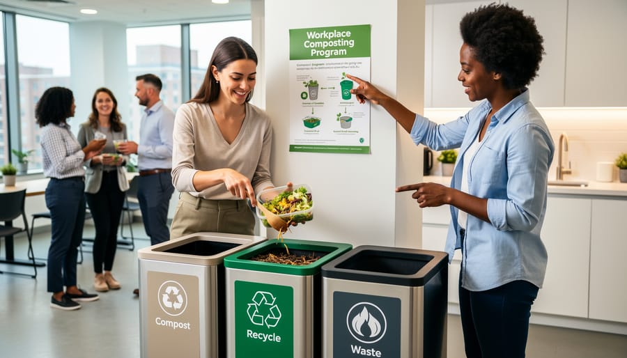 Office workers placing compostable items into green workplace compost bin