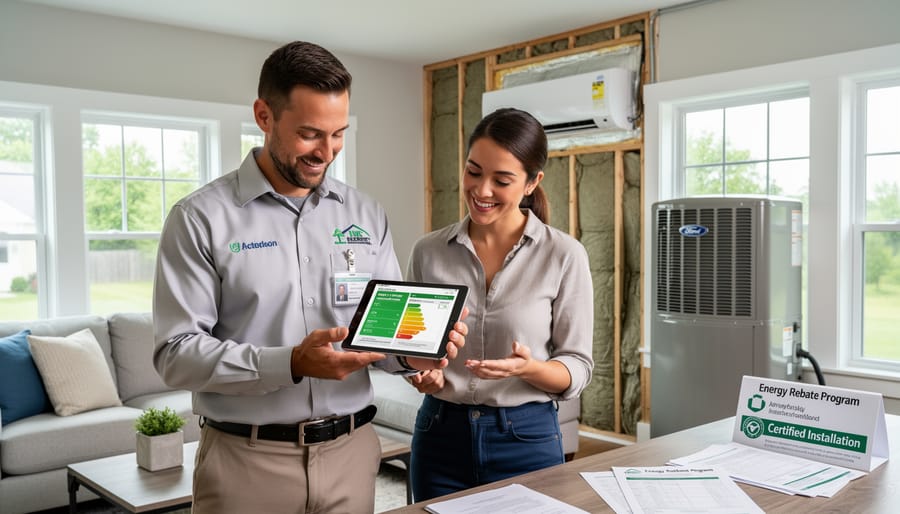 Accredited tradesperson reviewing documentation in front of residential home