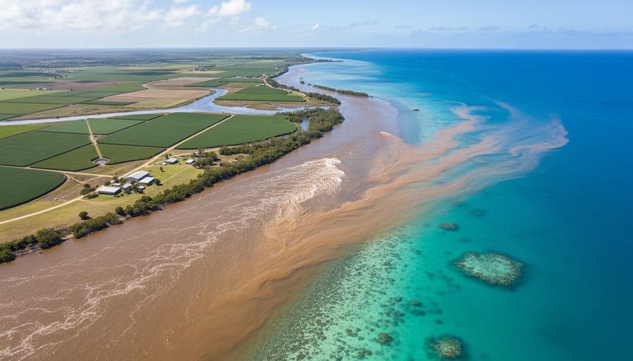 Aerial view of brown sediment plume from river runoff mixing with clear blue ocean water near reef