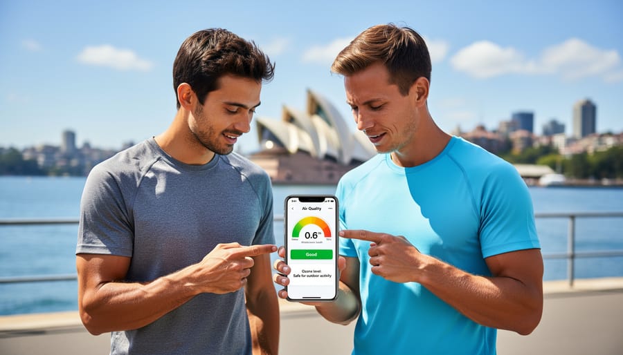 Person checking air quality monitoring app on smartphone showing ozone level readings