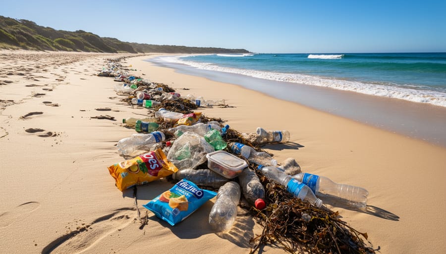 Plastic retail packaging waste scattered on Australian beach sand