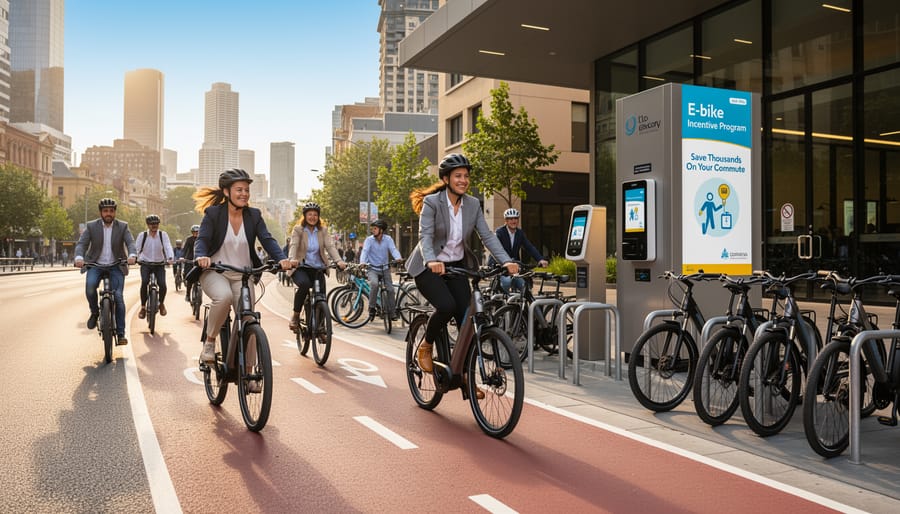 Australian commuter with her e-bike on urban cycling path