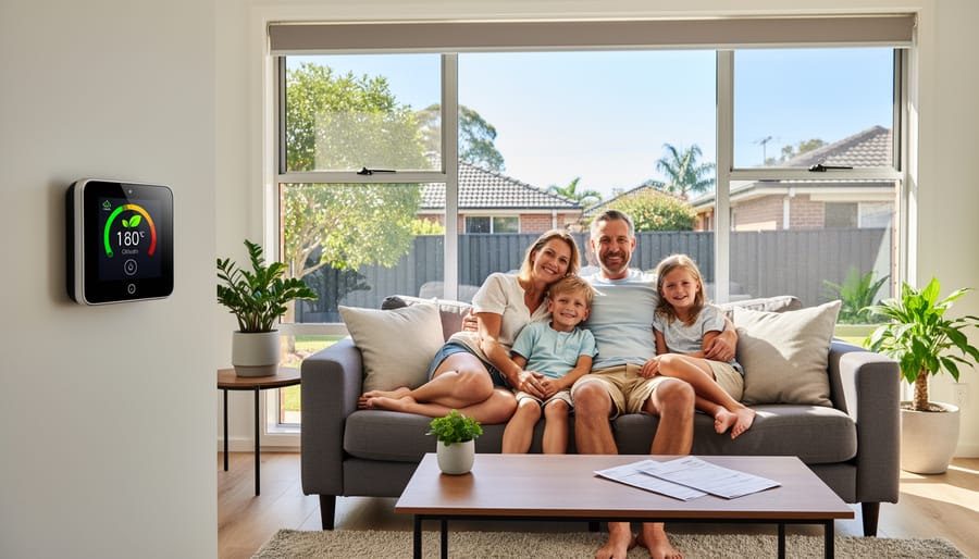 Australian family relaxing together in comfortable energy-efficient home interior