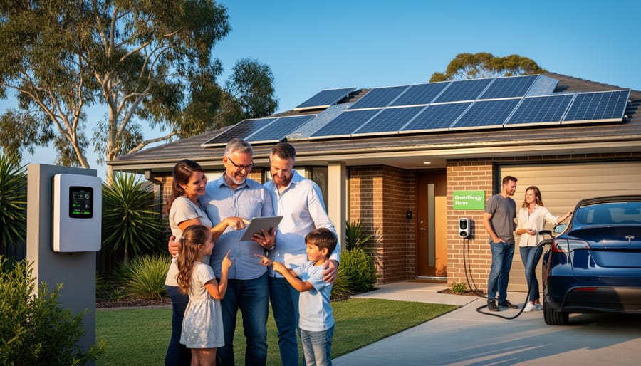 Australian family standing in front of their solar-powered home with rooftop panels visible