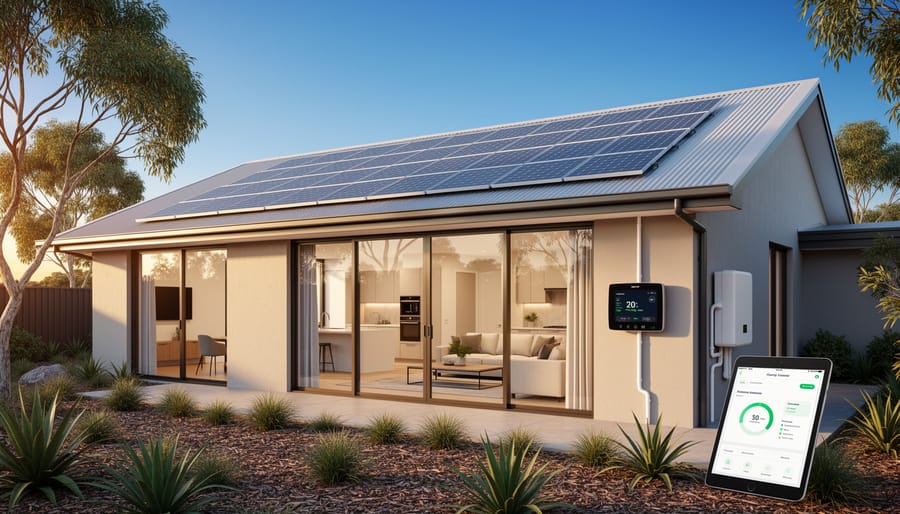 Australian residential rooftop with solar panels and air conditioning system