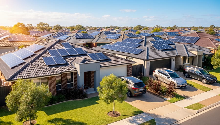 Residential Australian home with solar panel installation on roof under clear blue sky