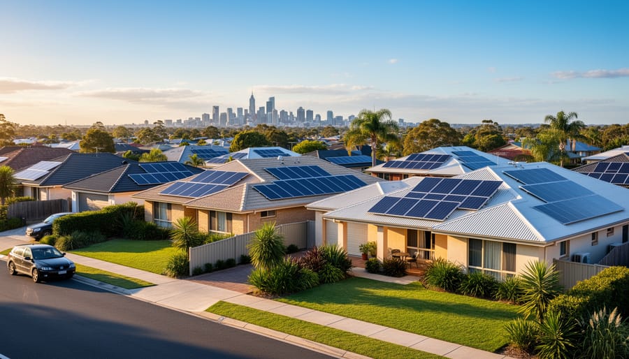 Australian suburban home with solar panels installed on roof under clear blue sky