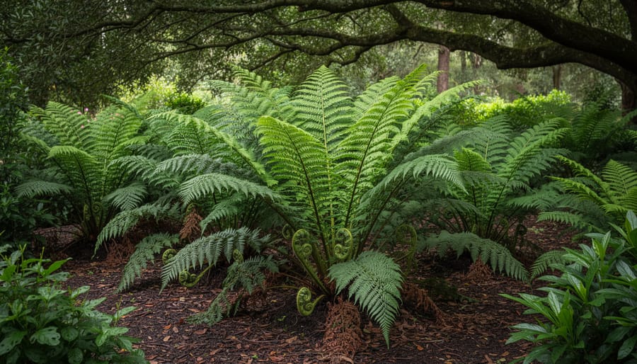 Close-up of native tree fern unfurling new frond in dappled shade
