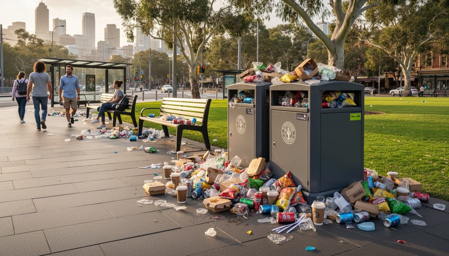 Overflowing waste bin filled with disposable packaging on Australian beach