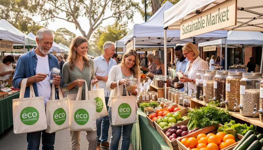 Australian shoppers with reusable bags shopping for fresh produce at farmers market