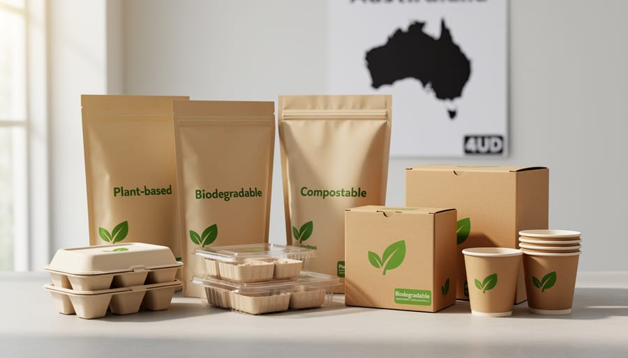 Assortment of compostable and biodegradable packaging materials including plant-based containers