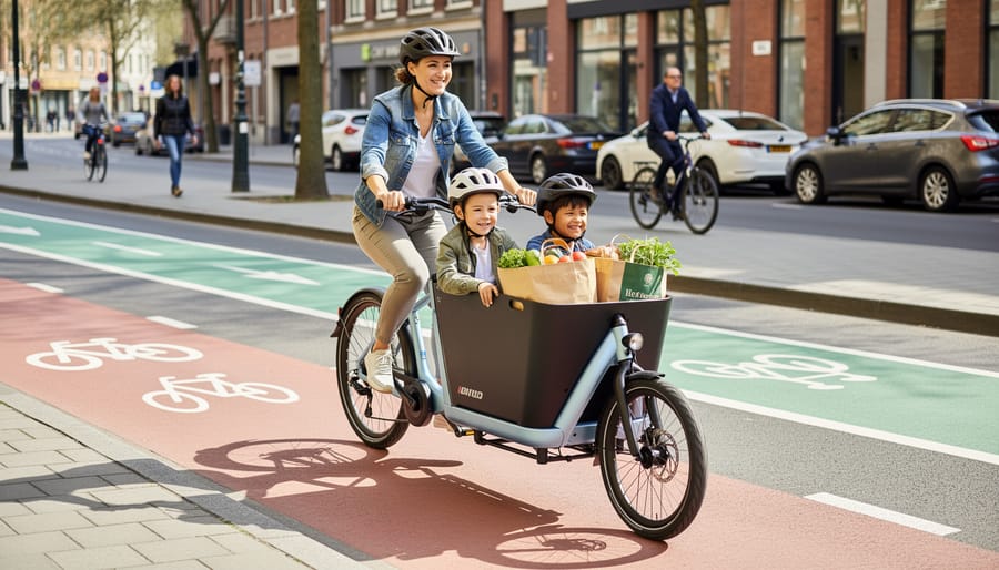Australian family loading shopping onto cargo e-bike in suburban neighborhood